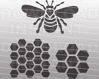 May include: Black and white silhouette of a bee with a heart on its chest, and two honeycomb patterns.