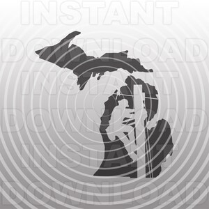 May include: A black silhouette of the state of Michigan with a silhouette of a person climbing a utility pole with power lines.