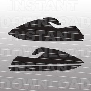 May include: Two black jet ski silhouettes are displayed against a gray and white striped background. The jet skis are side-profile views, showcasing their streamlined design. The image is a digital illustration, likely for a watercraft-themed product.