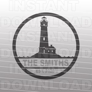 May include: Black and white silhouette of a lighthouse with a house at its base, inside a circle with the text "The Smiths Est. 2020".
