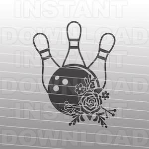May include: A black and white bowling-themed graphic featuring a bowling ball, pins, and floral accents. The design includes a bowling ball with pin holes, three bowling pins, and a floral arrangement with roses and leaves.