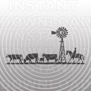 Scène d'élevage de bovins avec moulin à vent de ferme et cavalier fichier SVG, éleveur SVG - usage commercial et personnel - Cricut, silhouette, camée, vinyle
