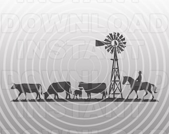 May include: A black silhouette of a rural scene featuring cows, a calf, a windmill, and a person riding a horse. The image has a gray radial background with the words "INSTANT DOWNLOAD" repeated.