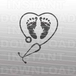 May include: A black and white silhouette of two baby footprints inside a heart shape, with a stethoscope wrapped around the heart. The stethoscope has a heart-shaped end.