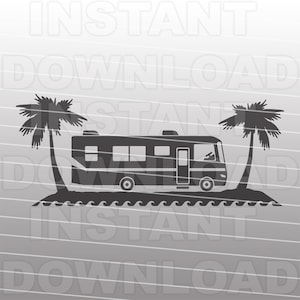 Motorhome Classe A RV com Palmeiras Arquivo SVG, Snowbird svg - Arte vetorial Uso comercial/pessoal - Cricut, Cameo, Silhueta, Corte de vinil de ferro