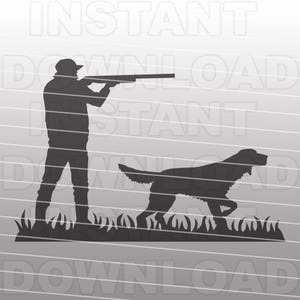 Jäger mit dem Ziel, Schrotflinte und English Setter Pointing SVG-Datei, Vektor Clipart, kommerzieller & persönlicher Gebrauch, Cricut, Silhouette Cameo, Vinyl Aufkleber