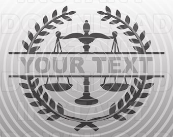 May include: Black and white silhouette of a scale of justice with a laurel wreath around it. The text "YOUR TEXT" is displayed on a banner below the scale.