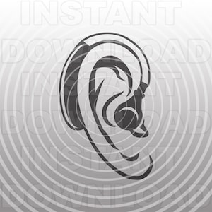 May include: A grayscale illustration of a human ear with a hearing aid. The design is a stylized representation, with the ear's contours and the hearing aid's components clearly defined. The background features concentric circles, creating a sense of sound waves.