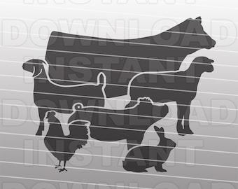 Livestock with Cow Goat Lamb Pig Chicken Rabbit Farm Animals SVG File -Vector Art Commercial/Personal Use- Cricut,Silhouette Cameo,Vinyl svg
