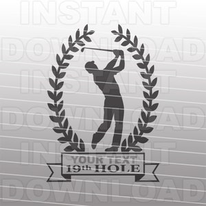 File SVG modello segno di golf 19a buca, golfista con banner SVG - formato vettoriale per uso personale e commerciale - Cricut, Silhouette Cameo, SVG per vinile
