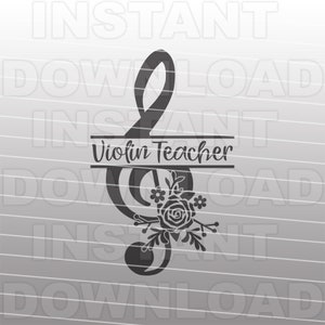 May include: Black and white silhouette of a treble clef with floral accents. The text "Violin Teacher" is centered on a banner across the middle of the clef.