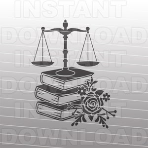 May include: A black and white illustration of a scale of justice with three books stacked underneath. A floral design with a rose is on the right side of the books.