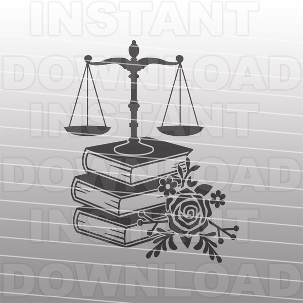 Femme avocat avocat échelles de Justice avec pile de livres de droit et de fleurs SVG-Vector Art Commercial/Personal Use-Cricut,Silhouette Cameo