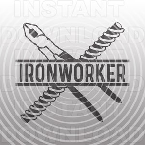 May include: Black and white illustration of a pair of pliers and a metal rod crossed over each other. The text "IRONWORKER" is written in a banner below the tools.