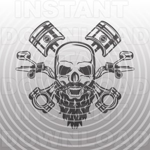 May include: A black and white illustration of a skull with a beard, wearing a motorcycle helmet and holding two crossed pistons.