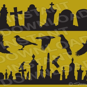 Op de afbeelding: Zwarte silhouet van een begraafplaats met grafstenen, kruisen en een kerktoren. Er zijn ook zwarte silhouetten van raven die boven de begraafplaats vliegen.