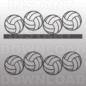 May include: Two rows of black and white volleyball graphic illustrations. Each row has five volleyballs.