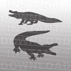 May include: Two black silhouette images of crocodiles. The top crocodile is facing right with its mouth open. The bottom crocodile is facing left with its mouth open and its tail curled around its body.