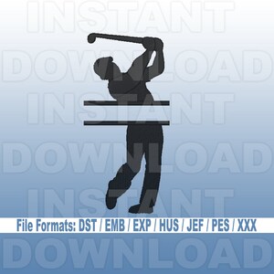 May include: A black silhouette of a golfer swinging a club. The silhouette is in front of a light blue background with the text "INSTANT DOWNLOAD" repeated multiple times. The text "File Formats: DST / EMB / EXP / HUS / JEF / PES / XXX" is at the bottom of the image.