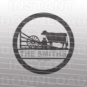 May include: Black and white silhouette of a cow standing next to a wheel and a milk pail inside a circle with the text "The Smiths Est. 2020".