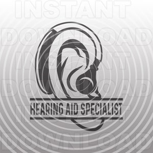 May include: Black and white logo of a stylized ear with a hearing aid inside. The text "Hearing Aid Specialist" is below the ear.