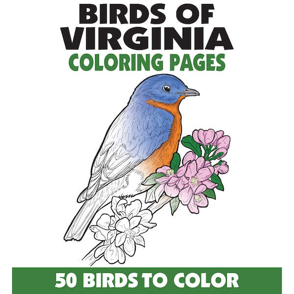 50 Birds of Virginia Coloring Pages Book,Birdwatching Coloring Pages,Adults + Kids,Instant Download,Printable PDF,Animals + Nature