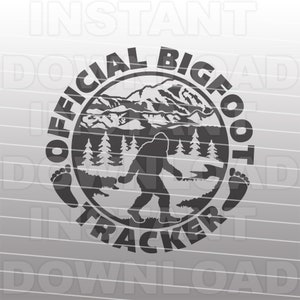 May include: Black and white silhouette of a Bigfoot walking through a forest with mountains in the background. The text "Official Bigfoot Tracker" is written in a circle around the image.