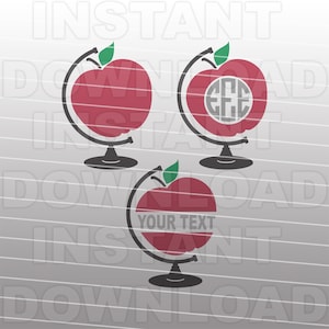 Könnte beinhalten: Drei rote Apfel-Globus-Designs. Der erste Globus hat einen leeren Apfel. Der zweite Globus hat einen Kreis für Initialen. Der dritte Globus hat den Text "YOUR TEXT" im Apfel.