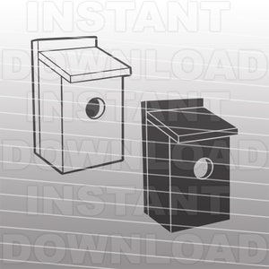 Puede incluir: Dos diseños de casas para pájaros en blanco y negro. Las casas para pájaros tienen un techo inclinado y una abertura redonda para que los pájaros puedan entrar.