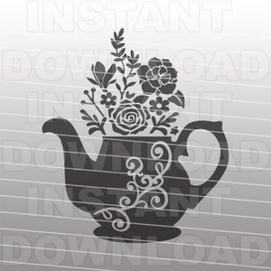 May include: Black silhouette of a teapot with a floral arrangement inside. The teapot has a decorative design on the side and a handle. The flowers are stylized and include roses, daisies, and other blooms.