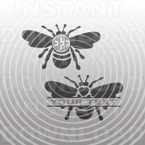 Puede incluir: Dos siluetas de abejas negras con espacio para personalización. La abeja de arriba tiene un círculo para un monograma y la abeja de abajo tiene un corazón para texto. El texto "Your Text" está debajo de la abeja de abajo.