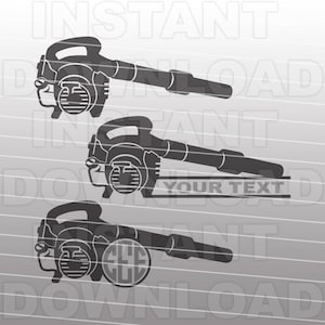 Może przedstawiać: Trzy czarne i białe sylwetki dmuchawy do liści. Górny wzór jest pusty. Środkowy wzór ma napis "YOUR TEXT" pod dmuchawą do liści. Dolny wzór ma monogram z literami "GLL" w środku.