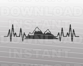 May include: Black and white silhouette of mountain peaks with a heartbeat line below. The mountains are stylized to look like a heart.