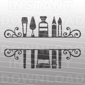 May include: Black and white silhouette of art supplies on a shelf. The supplies include paintbrushes, a paint tube, a paint bottle, a pencil, and a paint scraper. The shelf is decorated with a scroll design.