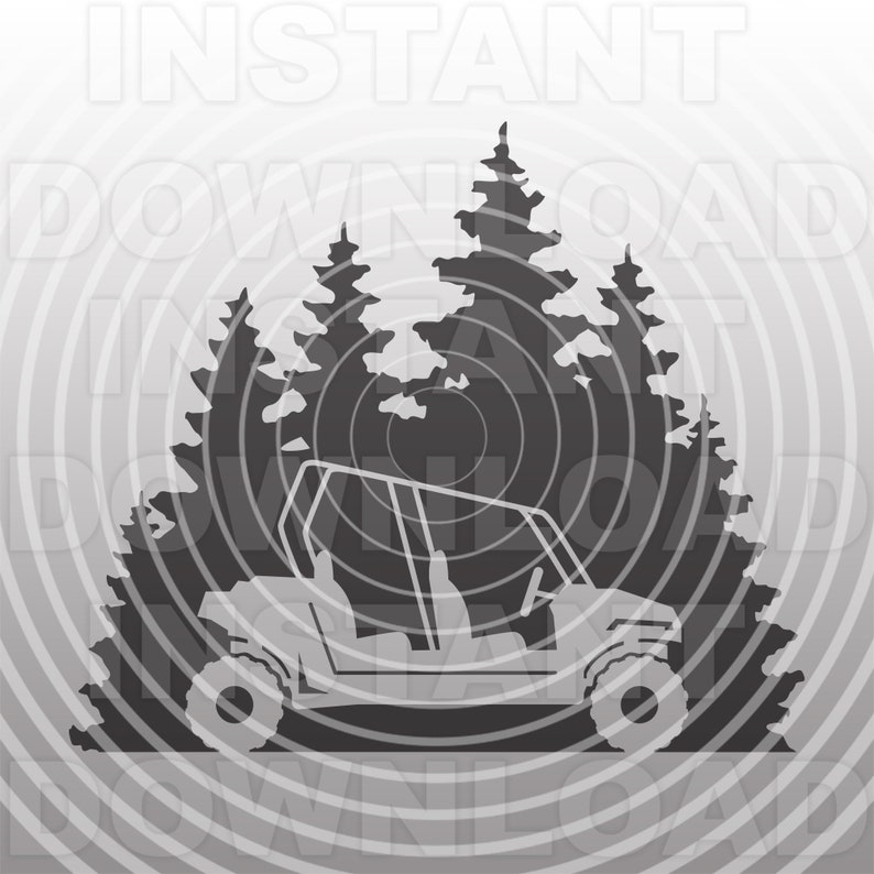 May include: Silhouette of a four-wheeled off-road vehicle driving through a forest of pine trees. The vehicle has a roll cage and two seats. The trees are in the background and are silhouetted against a white background.