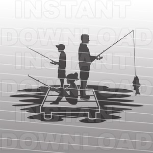 Padre con hijo e hija pescando juntos en Lake Dock SVG File,Padre Hijo Hija svg,Uso comercial/personal,Cricut,Silhouette Cameo