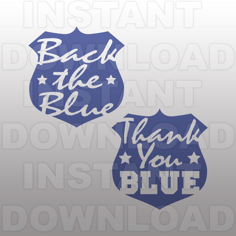 May include: Two blue police badge-shaped signs with white text. The top sign says "Back the Blue" with a star on either side of "the". The bottom sign says "Thank You Blue" with a star on either side of "You".