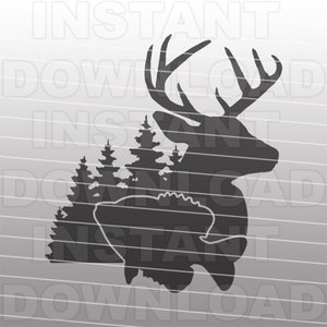 May include: A black silhouette design featuring a deer with large antlers, a forest of pine trees, and a fish. The design is set against a gradient background with the words "INSTANT DOWNLOAD" repeated.