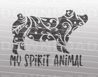 May include: Black and white silhouette of a pig with a floral pattern. The text "My Spirit Animal" is below the pig.