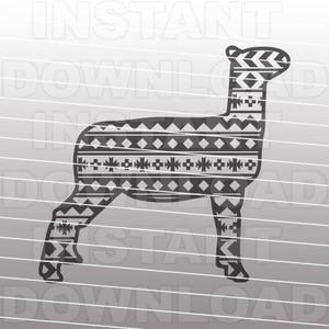 May include: A black and white graphic of a llama with a geometric pattern filling its body. The llama is standing in profile, with its head and neck upright. The pattern includes diamonds, triangles, and other shapes.