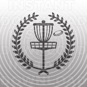 May include: Black and white silhouette of a disc golf basket with a disc flying towards it, surrounded by a laurel wreath.