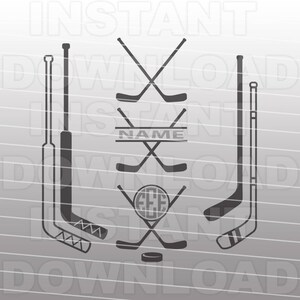 May include: A black and white design featuring hockey sticks and a puck. The design includes the text "NAME" and a circle with the letters "EEE" inside. This design is perfect for a hockey fan.