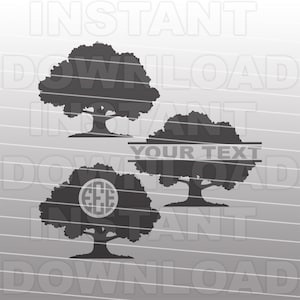 May include: Three black silhouette images of oak trees. The first tree is a simple silhouette. The second tree has a banner with the text "YOUR TEXT". The third tree has a circle with the letters "EEE" inside.