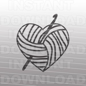 May include: A black and white graphic of a heart-shaped ball of yarn with a crochet hook running through it. The words "INSTANT DOWNLOAD" are repeated diagonally across the background.