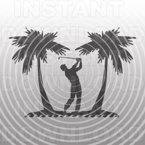 File SVG di un golfista, torneo di golf in formato SVG, scena di spiaggia con palme su un campo da golf in formato SVG - uso commerciale/personale di grafica vettoriale - Silhouette, Cricut, Cameo, Vinile