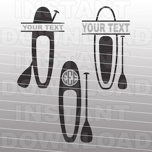 May include: Three black silhouette designs of stand up paddle boards with paddles. The top paddle board has the text "Your Text" on a banner above it. The middle paddle board has a circle with the letters "EEE" inside. The bottom paddle board has the text "Your Text" on a banner above it.