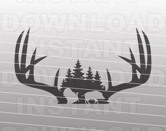 Buck Deer Antlers with a Turkey and Hog Forest Scene SVG File,Vector Clipart,Commercial & Personal Use,Cricut,Silhouette Cameo,Vinyl Decal