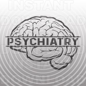 Puede incluir: Una ilustración en blanco y negro de un cerebro humano con la palabra "Psiquiatría" en el medio.