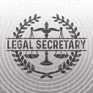 Könnte beinhalten: Schwarz-weiße Silhouette einer Justiwaage mit einem Lorbeerkranz darum. Der Text "LEGAL SECRETARY" steht auf einem Banner unter der Waage.