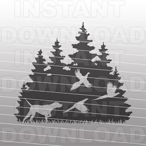 May include: Silhouette of a hunting dog running through a forest with three pheasants flying in the air. The dog is black and the pheasants are white. The forest is made up of pine trees.